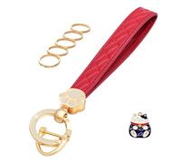 OHKYOOT Leather Wristlet Keychain,Cute Cat Keychain,Wrist Keychain Car Key Chain with 5 Key Ring and Anti-Lost D Ring, Red, Middle