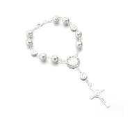 Ohleats Car Rosary for Rearview Mirror, Personalized Rear View Cross Blessing Beads Decor, Auto Rearview Catholic Rosary Hanging Pendant, Interior Men Women Car Accessories (Silver)