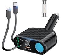 OHLPRO 5 in 1 Retractable Car Charger, 168W USB C Cigarette Lighter Adapter, Fast Car Phone Charger Built-in Replaceable Fuse, Socket Splitter with Dual USB Ports, Fit for Phone iPad Galaxy GPS, Black