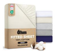 Ôhm Fitted Sheet 90x200 cm Beige - 100% Jersey Cotton Stretch Knit - Soft & Breathable for Comfortable Sleep - 28 cm Deep Pocket for Thick Mattresses 25-30 cm - OEKO-TEX Certified