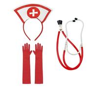 OhMill 3 Pcs Nurse Costume Accessories Set Red Nurse Hat Headband Stethoscope Gloves for Halloween Party Role Play Outfit, Red, One Size