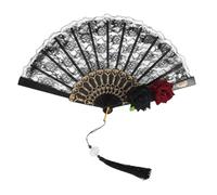 OhMill Black Lace Rose Fan - Vintage Silk Hand Fan - Compact & Portable - Perfect for Tea Parties & Venetian Masquerades - One Size