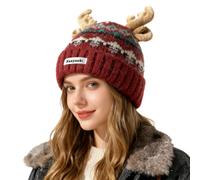 OhMill Christmas Reindeer Antler Beanie Hat Thick Warm Knitted Winter Hat Cap for Women Men Teens Students Red