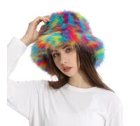 OhMill Elegant Fluffy Women Bucket Hat Winter Faux Fur Fuzzy Warm Cap Hat Mixed Colour Plush Fisherman Hat Adjustable for Ladies Teens Girls, Rainbow