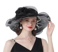 OhMill Elegant Women's Organza Sun Hat Wide Brim Flower Decorated Travel Beach Hat for Wedding Cocktail Ladies Black