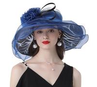 OhMill Elegant Women's Organza Sun Hat Wide Brim Flower Decorated Travel Beach Hat for Wedding Cocktail Ladies Royal Blue