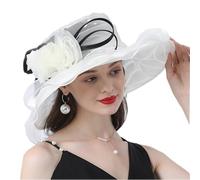 OhMill Elegant Women's Organza Sun Hat Wide Brim Flower Decorated Travel Beach Hat for Wedding Cocktail Ladies White