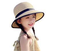 OhMill Girls' Straw Sun Hat Bowknot Decorated Stylish UV Protection Travel Fishing Beach Hat Cap Beige