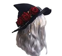 OhMill Halloween Roses Witch Hat with Pearl Chains Bowknot Wide Brim Black Knitted Gothic Wizard Headwear for Party Cosplay