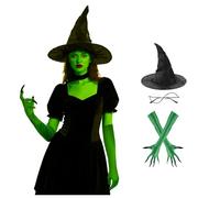 OhMill Halloween Witch Costume Set Black Witch Hat Green Claw Gloves And Glasses Halloween Cosplay Party Wizard Dress Up Props