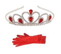 OhMill Kids Girls Cosplay Head Crown Set Hand Gloves With Bowknot Heart Crystal Diamond Princess Queen Hair Band Gloves Set Halloween Cosplay Fancy Dress Gift Set, Red