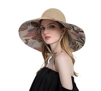 OhMill Ladies Wide Brim Sun Hat Open Top Leaves Printed Packable UV Protection Garden Beach Hat Khaki