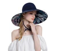 OhMill Ladies Wide Brim Sun Hat Open Top Leaves Printed Packable UV Protection Garden Beach Hat Royal Blue