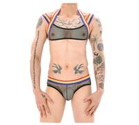 OhMill Men's Sissy Erotic Lingerie Set Rainbow See Through Bodysuit Mesh Sexy Underwear Strappy Tops Briefs