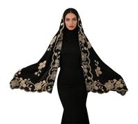 OhMill Muslim Women's Modest Black Sheer Hijab Scarf Gold Embroidered Headscarf Shawl Headpiece for Islamic Ladies