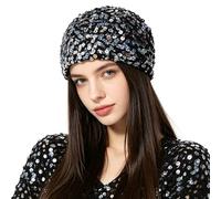 OhMill Women's Crochet Sequin Beanie Hat Openwork Knit Skull Cap Summer Slouchy Beanie Hat for Girls Students (Black)