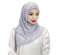 OhMill Women's Grey Hijab Headscarf With Beads Decoration, Perfect For Muslim, Arab, Islamic, Malaysian, Indian Women, Full Cover, Light, Fast-Drying, Universal Fit