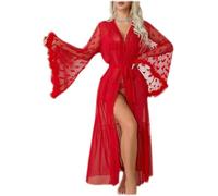 OhMill Women's Open Front See Through Erotic Lingerie Nightgown Floral Lace Sheer Sleepwear Flared Sleeve Sleep Robe