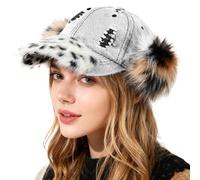 OhMill Women's Retro Baseball Cap Casual Winter Hat with Spotted Pom-pom for Students Teens Girls Grey