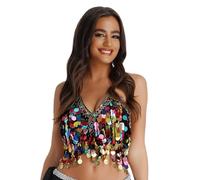 OhMill Women's Sparkly Belly Dance Tassel Sequined Halter Top Shiny Backless Camisole for Nightclub Party Black