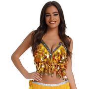OhMill Women's Sparkly Belly Dance Tassel Sequined Halter Top Shiny Backless Camisole for Nightclub Party Yellow