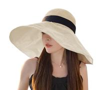 OhMill Women's Wide Brim Straw Sun Hat, Foldable UV Protection Beach Hat with Black Ribbon, Packable Floppy Sun Hat for Summer Holiday and Travel