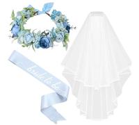 Ohmique 3 Pcs Something Blue Before I Do Bridal Shower Decorations - Bride to Be Sash, White Veil and Flower Headband Set, Blue Bridal Shower Decorations Engagement Party Bachelorette Accessories