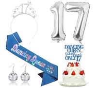 Ohmique Dancing Queen 17th Birthday Party Decorations Pack with Tiara, Sash, Cake Topper, Earring, Balloon in Blue