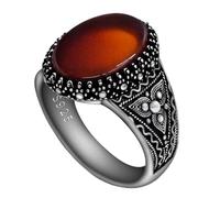 OHMMHO Genuine 925 Sterling Silver Inlaid Red Natural Agate Gemstone Ring Authentic Retro Turkiye Ottoman Style, 12, Silver, Agate