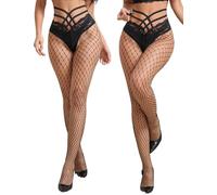 ohmydear Large Fishnet Tights Womens Plus Size Fish Net Tights 2 Pairs Lace Pantyhose Black Stockings High Waist Tights Ladies Underwear Sexy Outfits UK L-XXL