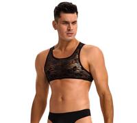 ohmydear Mens Lace Vest Fishnet Mesh Crop Top String Vest Undershirt Sissy Outfit Sexy Underwear Clubwear Black Sheer Tank Top Mankini, XL