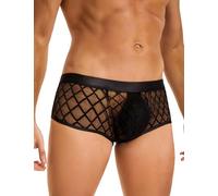 ohmydear Men's Sexy See Through Mesh Underwear for Bedroom Black Low Rise Boxer Shorts Breathable Fishnet Briefs Mankini with Wide Elastic Waistband, XL