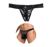 ohmydear Mens Sexy Underwear for Bedroom Black Thong Mesh G-String Briefs Wide Elastic Waistband Breathable Mankini Low Rise Sissy Lingerie Panties, UK 16