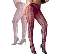 ohmydear Plus Size Fishnet Tights for Women L-XXL, Sexy Houndstooth Funky Patterned Stockings, High Waisted Mesh Pantyhose Burgundy Red Fashion Sheer Leggings