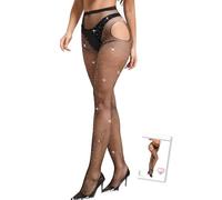 ohmydear Plus Size Fishnet Tights Womens Glitter Rhinestone Suspender Stockings Pantyhose High Waist Stretchy Ladies Sexy Fish Nets Tights, L-XXL Black