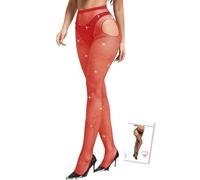 ohmydear Plus Size Fishnet Tights Womens Glitter Rhinestone Suspender Stockings Pantyhose High Waist Stretchy Ladies Sexy Fish Nets Tights, L-XXL Red