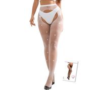 ohmydear Plus Size Fishnet Tights Womens Glitter Rhinestone Suspender Stockings Pantyhose High Waist Stretchy Ladies Sexy Fish Nets Tights, 3XL-5XL White
