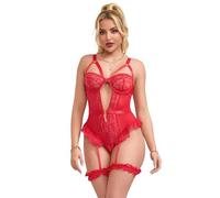 ohmydear Sexy Lingerie for Women Sets Plus Size Lace Bodysuit Strappy Teddy Babydolls Curvy Ladies Underwear Set with Thigh Garter Red Outfits Uk 16-18