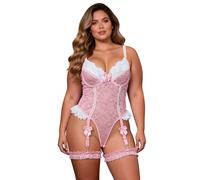 ohmydear Sexy Lingerie for Women Sets Plus Size with Adjustable Garters Removable Thigh Cuffs Lace Underwire Babydoll Suspender Bodysuit Outfits, UK 16 Pink