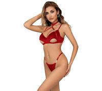 ohmydear Velvet Sexy Lingerie for Women Sets Plus Size Matching Bra and Knickers Underwired Underwear Outfits Push Up Strappy Halter Red Bra and Panties Set S