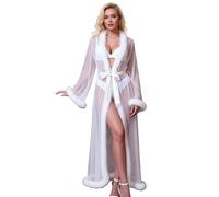 ohmydear Women Feather Trim Mesh Robe Floor Length Fluffy Dressing Gown Luxury Bridal Lingerie Set Plus Size Sheer Nightwear with Silk Sash Belt, XL-XXL White