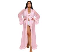 ohmydear Women Fluffy Feather Robe Mesh Floor Length Dressing Gown