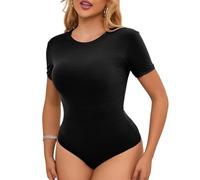 ohmydear Women's Bodysuits Going Out Plus Size Crew Neck Short Sleeve Body Suit Soft Brushed Nylon Leotard Snap Closure Everyday Ladies Top T-Shirt, L Black
