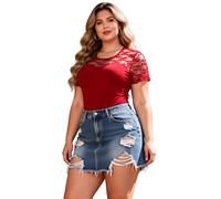 ohmydear Women's Bodysuits Plus Size Lace Patchwork Short Sleeve Leotard Tops Ladies Crew Neck Going Out Thong Body Suits Red Bodysuit XXL
