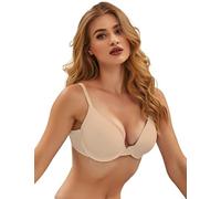 ohmydear Women's Bras Underwire Comfort Push Up Plus Size Ladies Bralette Smooth Tshirt Sexy Deep V Plunge Soft Minimiser Bras Large Breasts, 38D Beige