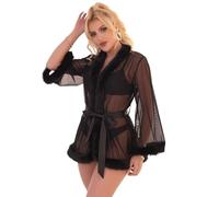 ohmydear Women's Feather Robes Fluffy Ladies Dressing Gown Plus Size Kimono Lace Mesh Babydoll Nightwear with Satin Belt Sexy Lingerie for Women Sets Black Uk 20-22
