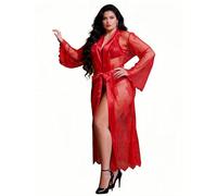ohmydear Womens Long Lace Dressing Gown Sheer Floral Nightwear Full Length Kimono Robe with Satin Belt Sexy Eyelash Lace Bridal Lingerie Plus Size UK 10-18