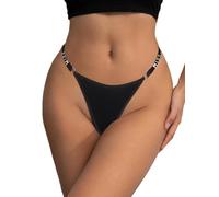 ohmydear Women's Micro Thongs Crystal Rhinestone G-String Tanga Cotton Gusset Bikini Underwear Plus Size Smooth Swim Fabric Sexy Panties UK 10-18 Black