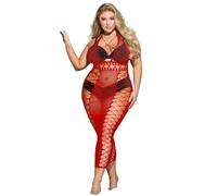 ohmydear Women's Plus Size Fishnet Body Stockings Full Body Halter Neck Mesh Dress Stretch Lingerie Rave Sexy Outfits Cut Out Red Babydoll Chemise, UK 14-18