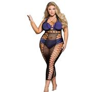 ohmydear Women's Plus Size Fishnet Body Stockings Full Body Halter Neck Mesh Dress Stretch Lingerie Rave Sexy Outfits Cut Out Black Babydoll Chemise, UK 20-24